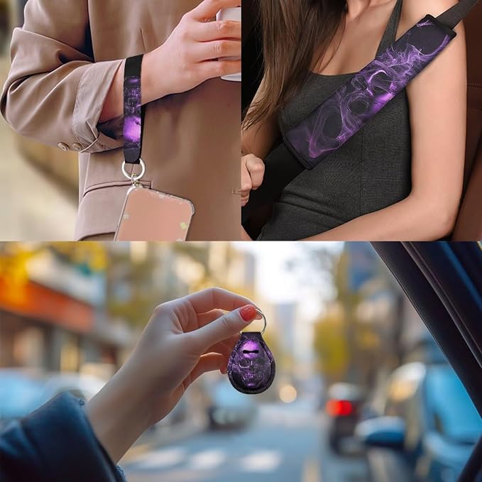 13pcs Purple Skull Car Accessories Full Set for Women Men Car Rear Front Seat Protectors with Armrest Cover, Seat Belt Cover, Steering Wheel Cover, Keychain and Coaster Fit Cars SUV Turcks