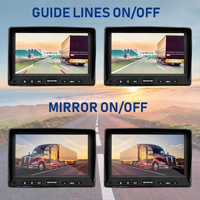 RV Backup Camera System 7” AHD 1080P Reverse Monitor+2 Side/Rear View Cameras 170° IR Night Vision Waterproof IP69K DIY Guidelines,Dual Backup Camera for Truck RV Trailer Tractor Skid Steer Vehicles.