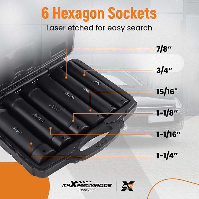 maXpeedingrods 1/2 Inch Drive Extended Length Impact Socket Set, 6Pcs Extra-Deep Length Extra-Deep Impact Set Heavy Duty with Case, 6 Sizes - Hex Sizes 3/4", 7/8", 15/16", 1-1/16”, 1-1/8", 1-1/4"
