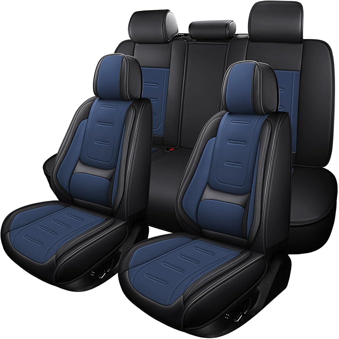 otoez Nappa Leather Car Seat Covers Full Set, Breathable Leather Automotive Seat Covers Front & Rear Seat Protectors with Lumbar Support, Universal Fit for Most Cars SUV Truck Sedan (Black+Blue)