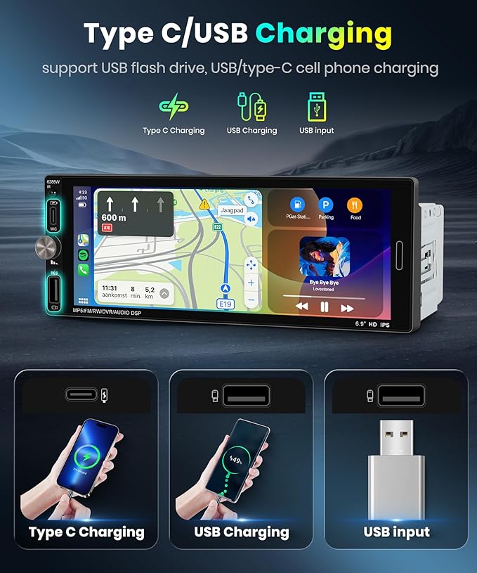 Single Din Car Stereo with Wireless Carplay Android Auto-2025 Upgraded Bluetooth 5.2 Type-C Dual Mic 6.9 Inch IPS Touch Screen Car Radio with Backup Camera Mirror Link FM USB EQ SWC