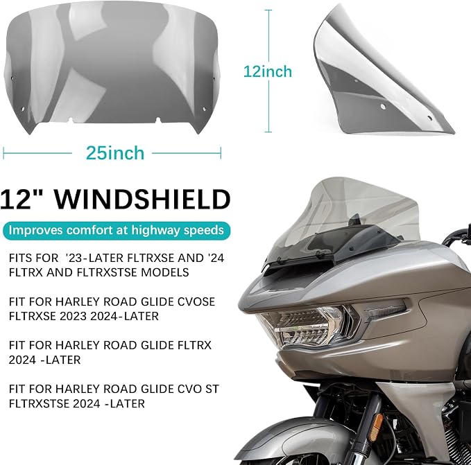 12" Windshield Windscreen Compatible with 2023 2024-2026 Road Glide CVO/SE FLTRXSE 2023 FLTRX 2024 CVO ST FLTRXSTSE 2024 Harley Accessories, Smoke