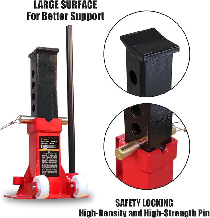 Big RED ATZ120006P Torin Heavy Duty Jack Stands: Pin Style Jack Stand with 2 Casters and Handle, Easily Portable Car Stand for Car SUV, Truck and Pick Up, 12 Ton (24,000 lb) Capacity, Red