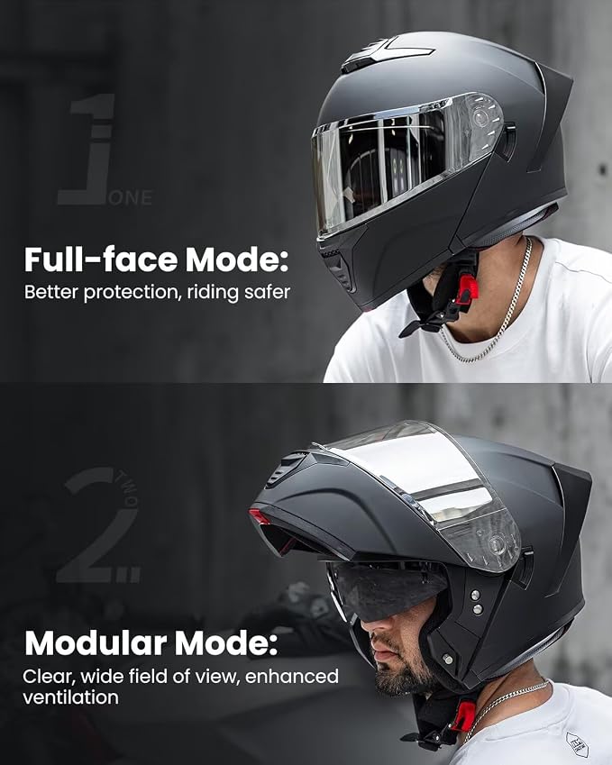 ILM Modular Motorcycle Helmet for Adults Full Face Flip up Riding with Dual Visor Street Bike Racing DOT Model MM966 (Matte Black Silver, L)