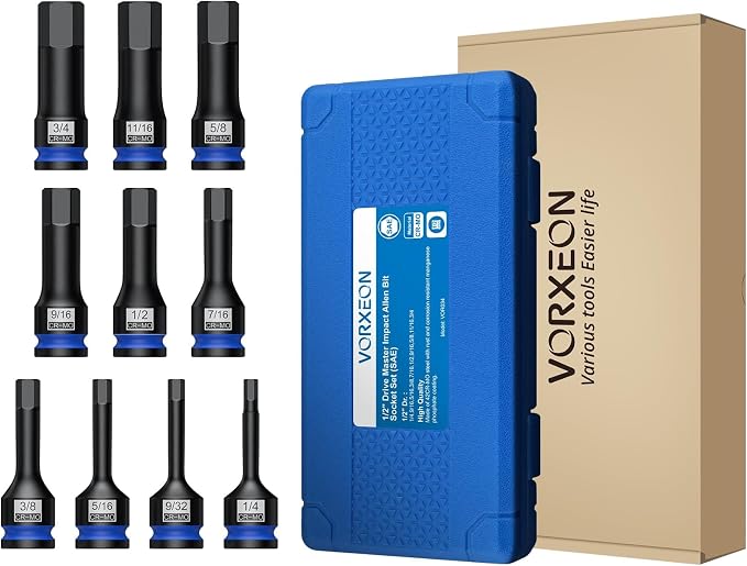 10 PCS 1/2" Drive SAE Impact Allen Hex Bit Socket Set 42CRMO with Storage Case 1/4” 9/32” 5/16” 3/8” 7/16” 1/2” 9/16” 5/8” 11/16” 3/4”