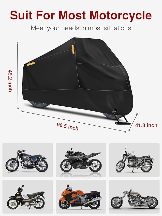 Puroma Motorcycle Cover Heavy Duty Scooter Cover Waterproof Outdoor All Season Universal Weather Quality Protection with Night Reflective, Lock Holes and Storage Bag Fits up to 97" Motorcycle Vehicle
