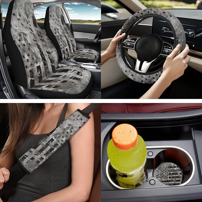 Bulopur Vintage American Flag Vehicle Seat Covers Set with 15 Inch Steering Wheel Cover Center Console Cover Seat Headrest Covers Seat Belt Pads Car Interior Accessories Set for SUV Van Sedan