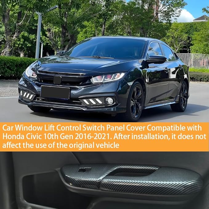 Car Window Lift Control Switch Panel Cover Inner Door Handle Armrest Cover Decals Compatible with Honda Civic 10th Gen 2016 2017 2018 2019 2020 2021 ABS Carbon Fiber Style (8 Pcs)