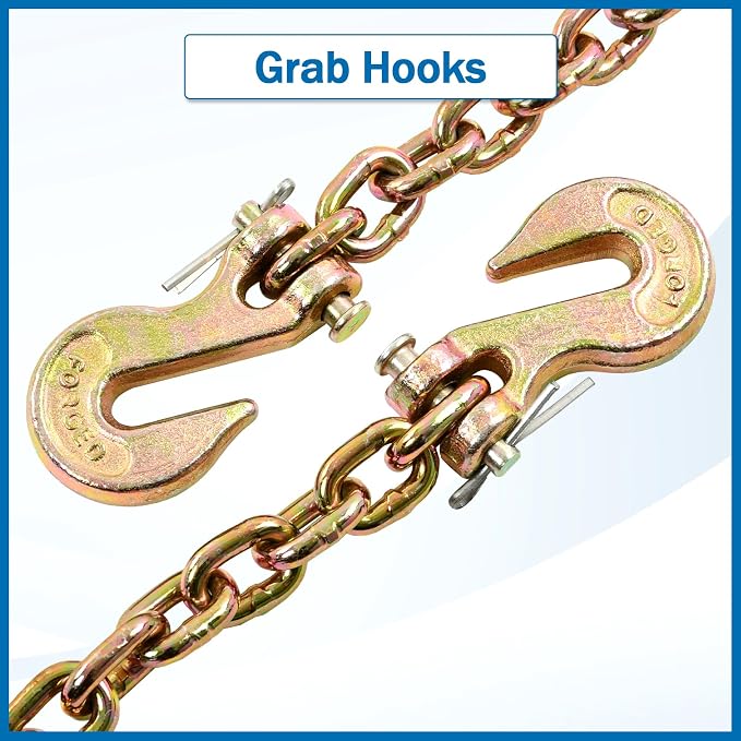 1/4 Inch x 20 Feet Transport Binder Chain G80 Safey Tow Chain with Grab Hooks 3300 Lbs Safe Work Load for Transporting Towing Tie Down Binding Equipment