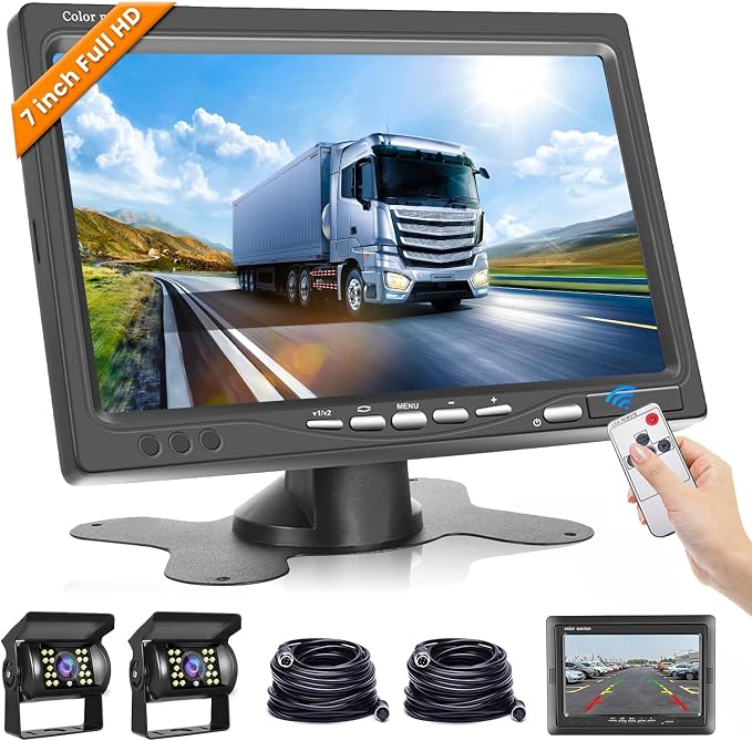 Dual Backup Camera Monitor System for Truck, RVs,-7 Inch LCD Screen with 2 Cameras, IP68 Waterproof, 18IR Night Vision, Rear View Camera 4-Pin Cable for Car, Trailer/Bus/Van/Caravan (12V-24V)
