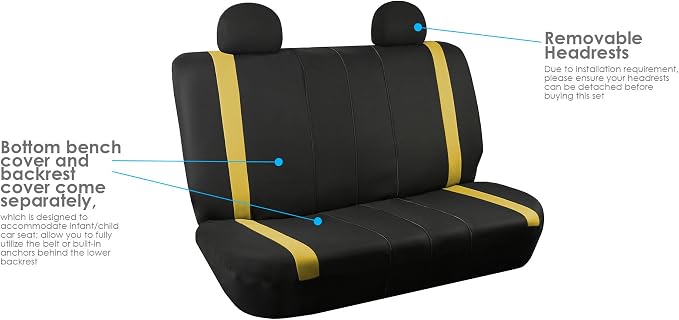 FH Group Automotive Seat Car Covers Unique Flat Cloth Yellow Full Set, Combo Steering Wheel Cover and Seat Belt Pads Rear Solid Bench Universal Fit for Vans Cars Trucks and SUV Interior Accessories