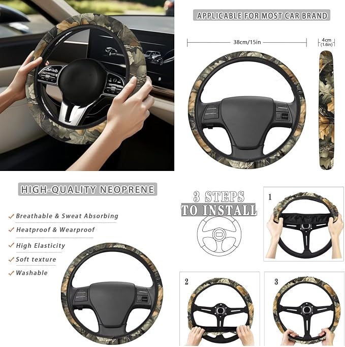 Camouflage Hunting 13 Pcs Car Seat Covers Full Set with Auto Steering Wheel Cover Armrest Cushion Protector Seat Belt Covers Automotive Interior Sets Universal Fit for Cars SUV