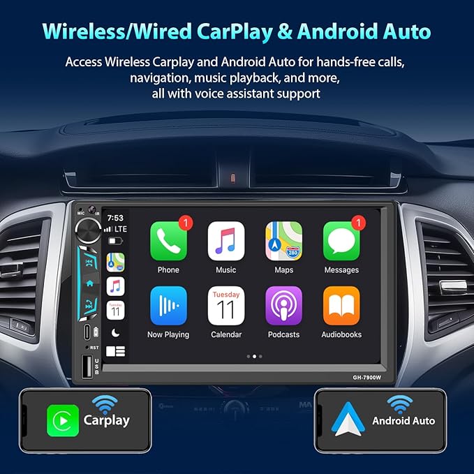 Double Din Car Stereo 7 Inch Touchscreen Compatible with [Wireless] Apple CarPlay/Android Auto Bluetooth FM Radio USB Type-C Backup Camera