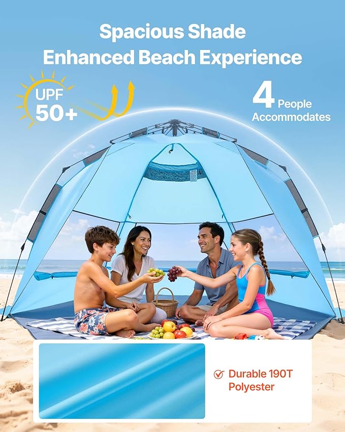 VEVOR Beach Tent Sun Shelter for 4 Person, Pop Up Beach Tent UPF 50+, Portable Sun Shade Beach with Carrying Bag and Sand Pockets, Easy Setup Umbrella for Camping Fishing Outdoor Picnic