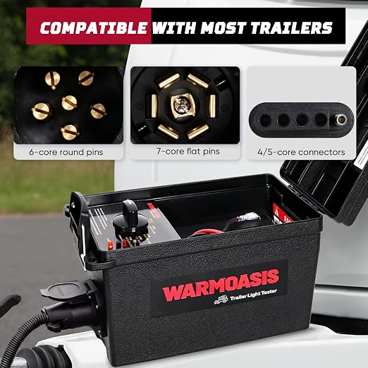 Trailer Light Tester with 12V 12Ah Battery, Equipped with 7 Pin Flat, 6 Pin Round, 4/5 Pin Connectors, 98 ft Remote Range, Dust & Splash Resistant, Easy Operation & Reliable Detection