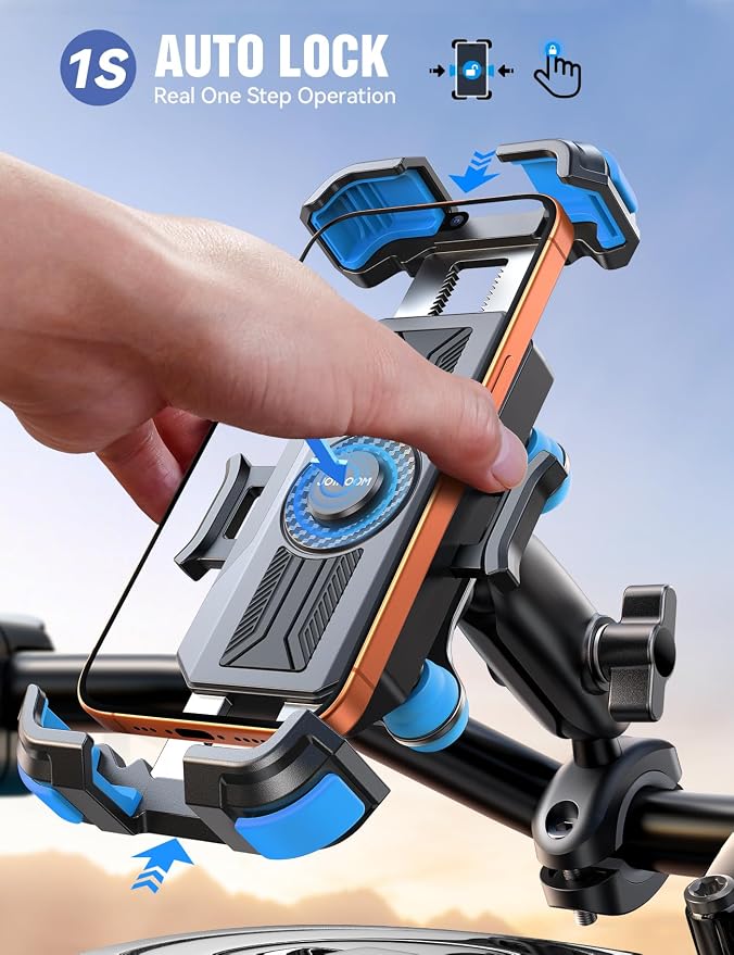 JOYROOM Motorcycle Phone Mount Holder - [Dual Vibration Dampener] 100mph Anti-Shock Phone Holder for Motorcycle [Metal Adjustment Arm] Bicycle Bike Phone Holder Mount for 4.7-7" Cell Phones, Blue