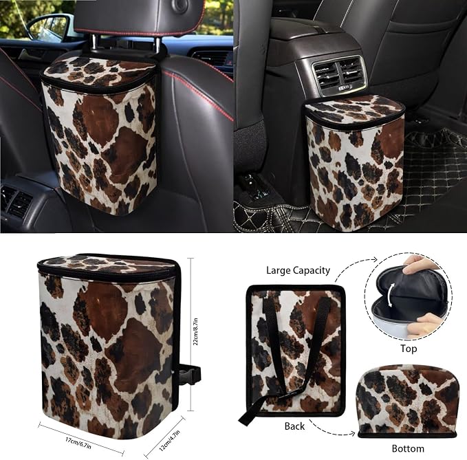 Brown CowPattern Car Accessories Set of 15, Front Rear Seat Covers Protector Steering Wheel Cover Seatbelt Cushion Trash Can Cup Holders Air Vent Storage Bag