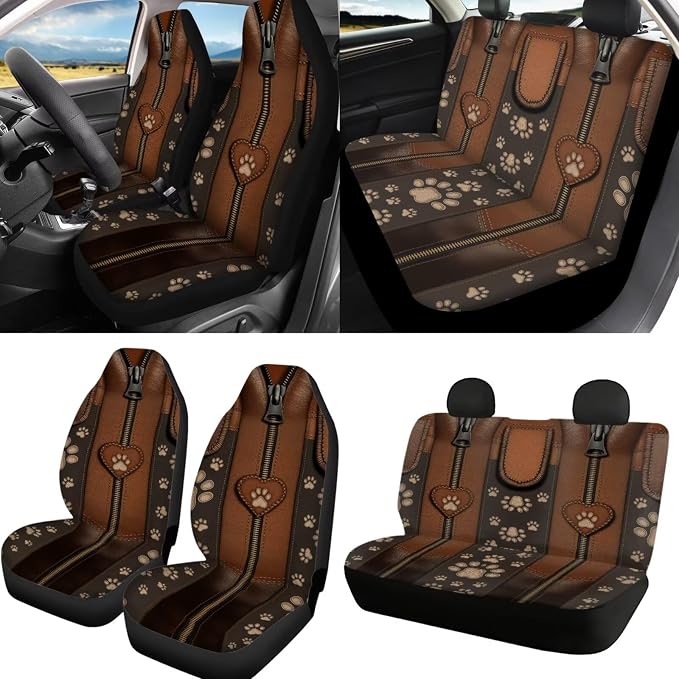Paw Print Car Seat Covers with Matching Steering Wheel Cover 4 Pcs Seat Belt Pads Breathable Auto Seat Protector Universal Auto Interior Accessories, Brown