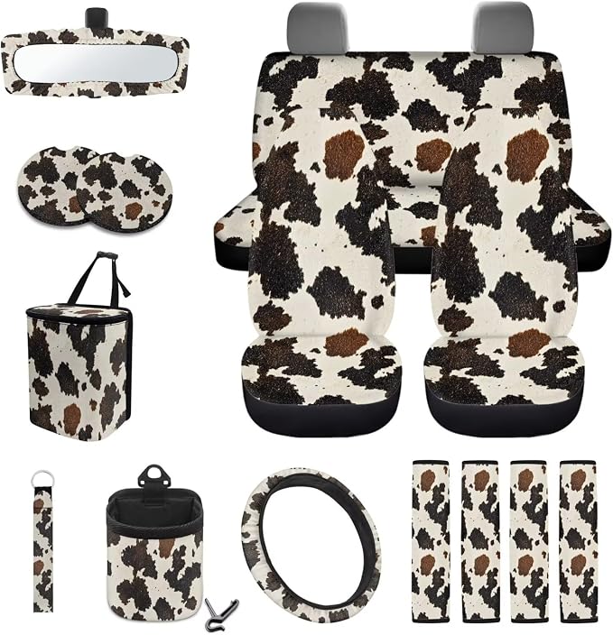 Cow Pattern Car Accessories Set of 15 Car Seat Cover Full Set with Steering Wheel Cover Car Trash Can Coasters Air Vent Storage Bag Seatbelt Cover Rearview Mirror Cover
