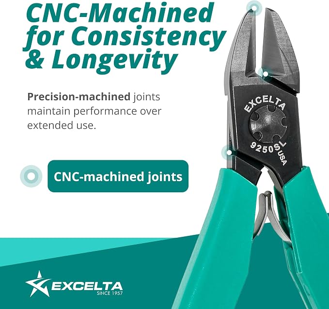 Excelta 9250SL Semi-Flush Cutter, Large Oval Head, CNC Carbon Steel Blades, Anti-Static Ergonomic Handle, Slim Line Design for Precision Soft Wire Cutting in ESD-Sensitive Workspaces, Made in USA