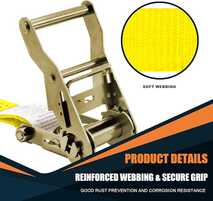 1.5 inch Ratchet Straps Heavy Duty 8 Pack 1-1/2 in x 12ft Cargo Load Tie Down Strap Double J Hook Yellow 2200lbs Working Load for Trucks
