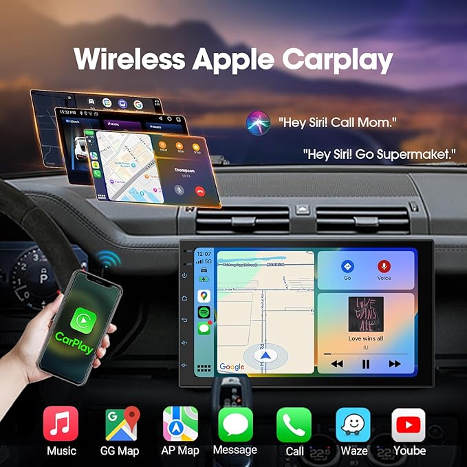 Haudio 7 “ Double Din Car Stereo, Touch Car Radio with Wireless Apple Carplay & Android Auto, Mirror Link, Bluetooth, SWC, Subwoofer Output, 5.1 CHN, Backup Camera, FM/AM Radio