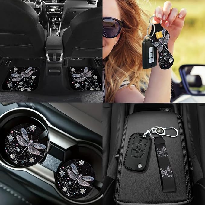 Dragonfly Car Accessories Set 17 Pack Starry Sky Dragonfly Car Seat Covers Full Sets with Vehicle Front Rear Carpets Mats Seat Belt Shoulder Pad Steering Wheel Covers Car Interior Supplies