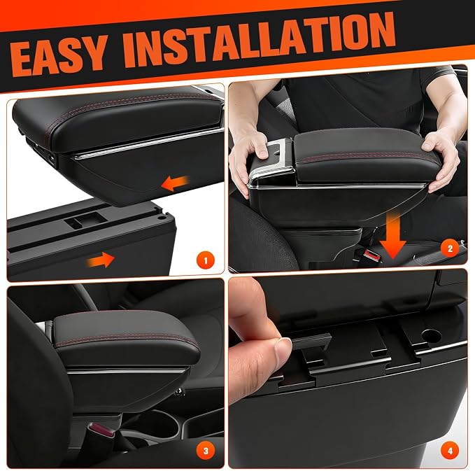 Armrest Box Compatible with Kia Rio 2012 2013 2014 2015 2016, Double Layer Black Leather Center Console Organizer with 7 USB Ports, Adjustable Armrest Pad, Cup Holder,Ashtray(Red Thread)