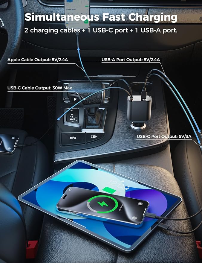 Bundle SUPERONE Retractable Car Charger 4 in 1 & 4 in 1 Retractable Wall Charger with Dual USB C Cables