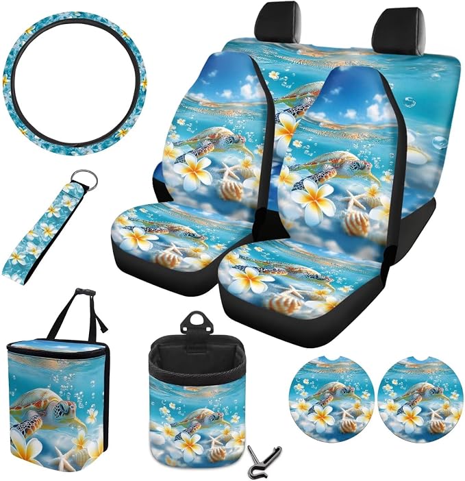 Sea Turtle Plumeria Print 10 Pcs Car Accessories Set Breathable Car Seat Covers Steering Wheel Cover Trash Can Auto Air Vent Storage Bag Cup Coasters Keychain Fits for Most Vehicle