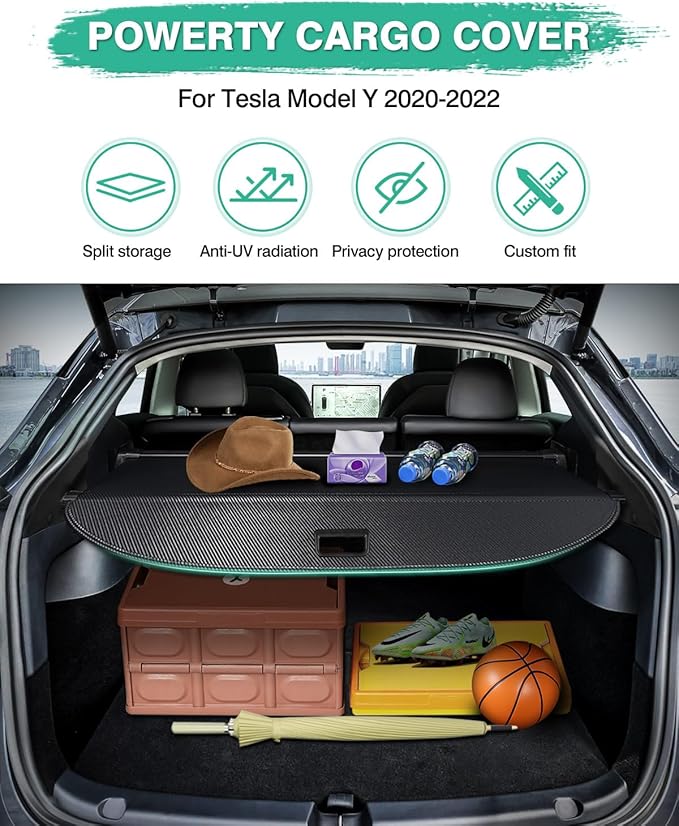 Powerty Retractable Trunk Cover for 2020 2021 Tesla Model Y 5-Seaters (Not for 7-Seaters), Retractable Trunk Cover Privacy Cover Truck Replacement for 2020 2021 Model Y Accessories (Canvas Texture)