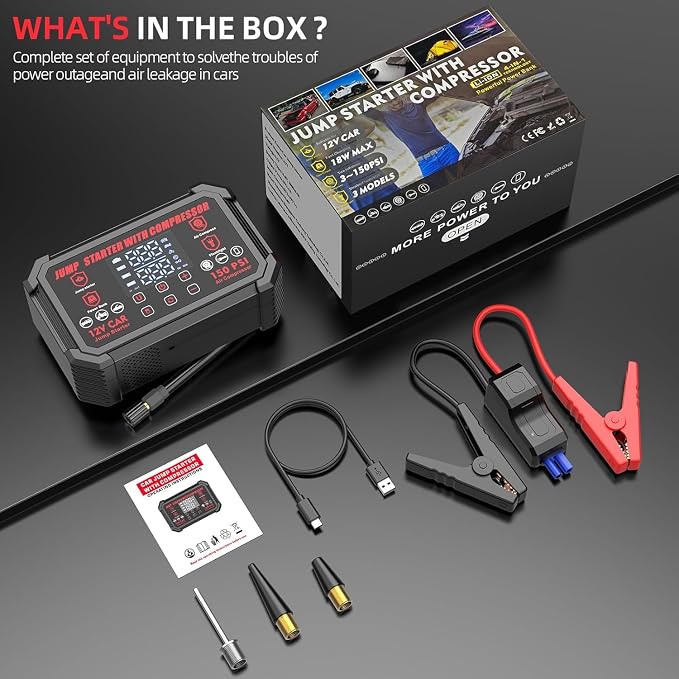 Jump Starter with Air Compressor, 4000A Peak Portable Car Battery Jumper Starter with 150PSI Auto-Shutoff Tire Inflator, 12V Car Jump Box with LED Light&LED Display All Gas /10L Diesel,Motorcycle