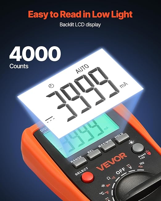 VEVOR Digital Multimeter, 4000-Count TRMS DC/AC Voltmeter Current Tester, Auto-Ranging Multimeter for Current Voltage Resistance Capacitance Temperature Diodes Continuity Duty-Cycle Measurments