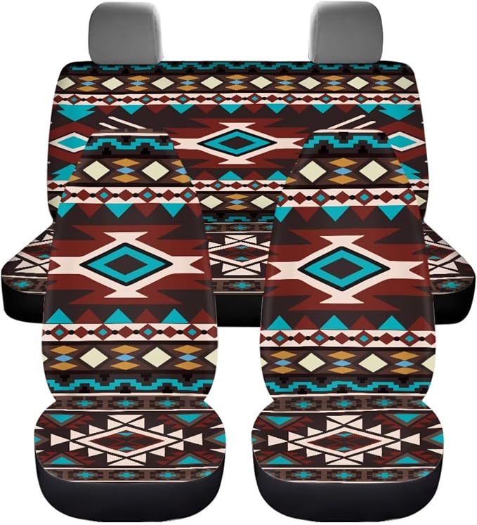 Dreaweet Tribal Navajo Print Car Seat Covers Full Set Southwestern Car Accessories 12 Piece with Steering Wheel Cover Armrest Covers Seat Belt Pads Cup Holders Gear Shift Handbrake Cover,Universal Fit