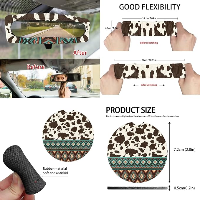 Aztec Brown Cow Print Car Seat Covers Set of 15 with Universal Steering Wheel Cover, Rearview Mirror Cover, Car Trash Can, Seatbelt Pads, Cup Holder Coasters, Keychains
