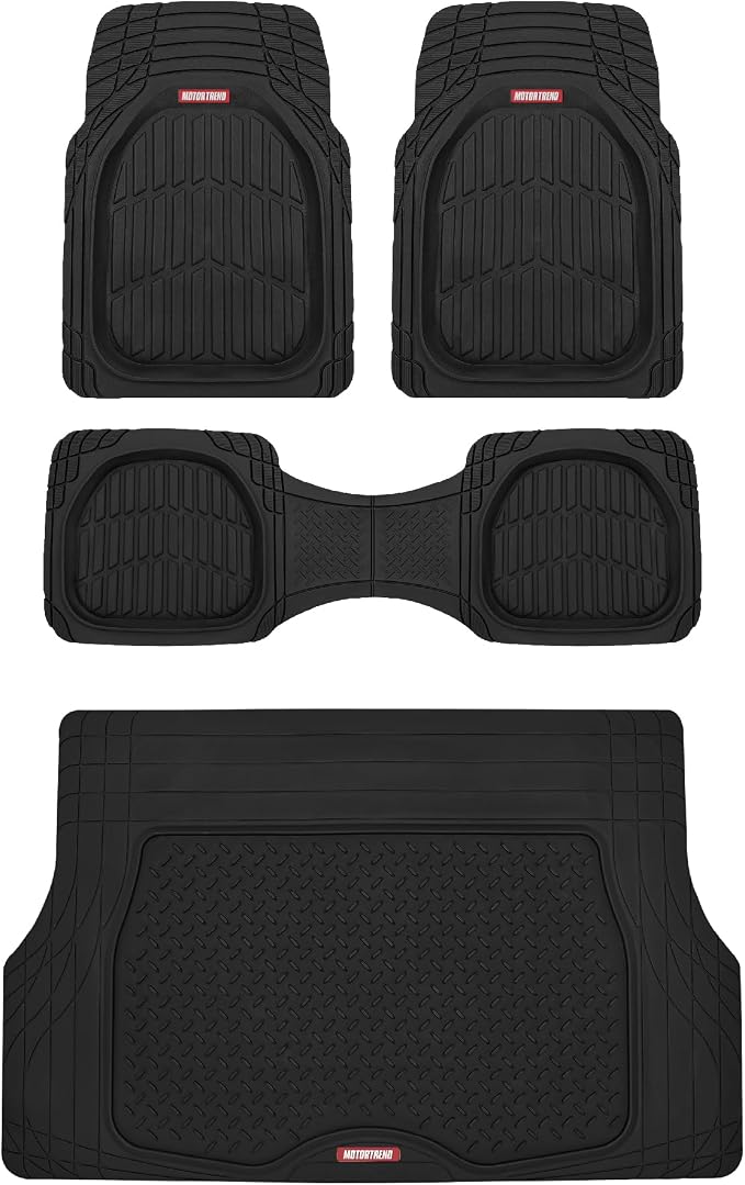 Motor Trend FlexTough 4-Piece Heavy Duty Floor Mats for Cars Trucks SUVs, Automotive Floor Mats Car Mats Full Set Front, Rear & Cargo, Trim-To-Fit Semi-Custom Deep Dish All Weather Rubber Mats - Black