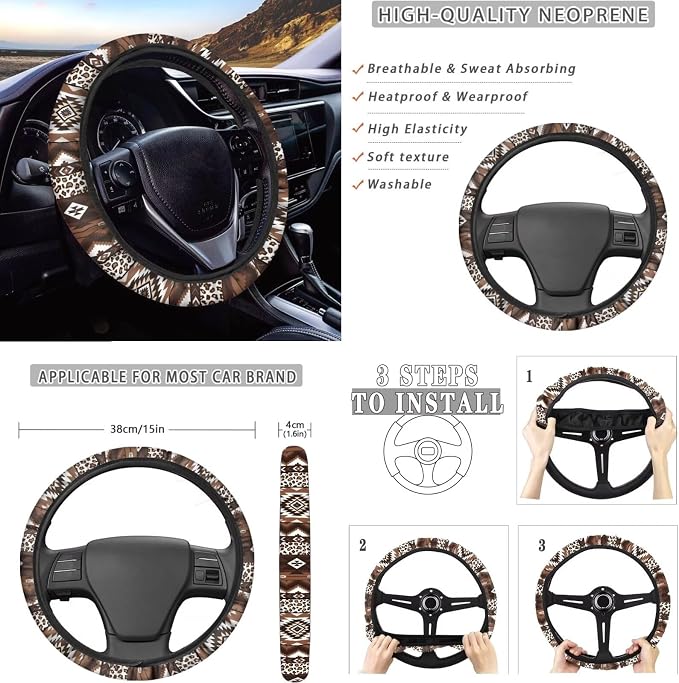 Dreaweet Aztec Leopard Print Car Seat Covers Full Set 12 Pcs - Brown Front and Back Seat Covers with Steering Wheel Cover with Center Console Cover,Coasters,Seatbelt Covers,Gear Shift Handbrake Cover