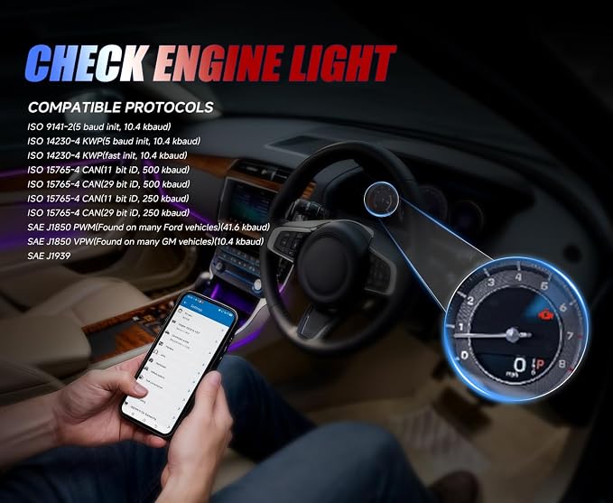OBD2 Scanner Bluetooth 5.0 for iPhone & Android - 12 Protocols & J1939 Supported, Car Diagnostic Scan Tool, Check Engine Code Reader, Compatible with Torque & CarScanner (VIP), No Subscription Fee