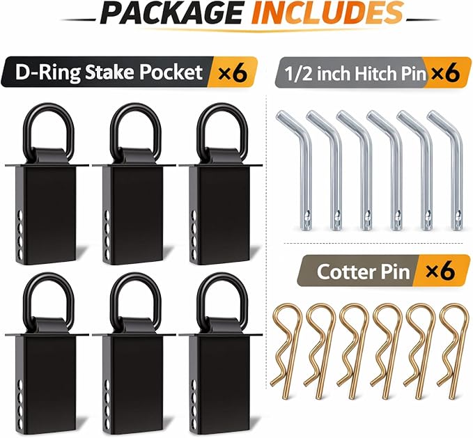 Hedday Trailer Stake Pocket D Ring 16200lbs Heavy Duty Removable Adjustable D-Ring Stake Pocket Tie Downs for Utility Trailers, Flatbed Trucks w/ 1/2" Hitch Pin (Black, 6PCS)