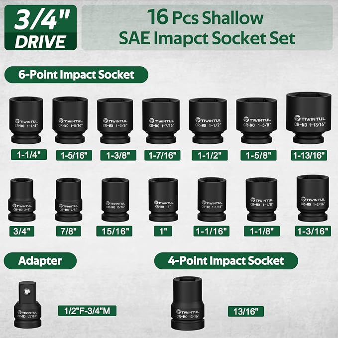 3/4" Drive Shallow Impact Socket Set, 16PCS SAE (3/4" to 1-13/16") | 13/16" Square Socket, 6-Point, Heavy Duty Impact Socket Set with 1/2" F to 3/4" M Adapter for Auto, Truck, Large Equipment