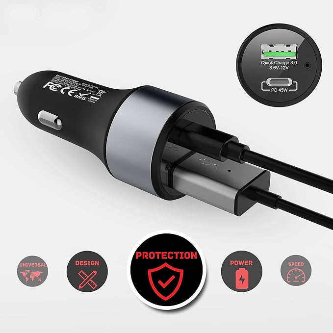 LinkOn 63W USB C Car Charger PPS&PD 3.0(45W) + QC 3.0(18W) Dual Port – Fast Car Charger Compatible with Laptop, Phone & Tablet – MacBook, Dell XPS, HP Spectre, iPad, iPhone, Samsung, Google Pixel