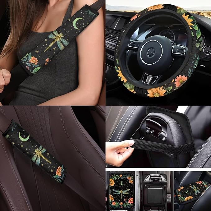 Dragonfly Car Accessories Set 17 Pack Starry Sky Dragonfly Car Seat Covers Full Set with Car Floor Mats All Weather,Cup Coaster,Seat Belt Shoulder Pad,Lip Stick Holder Keychain,Universal Fit