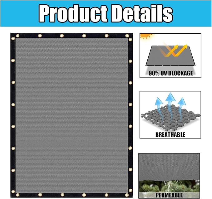 Amagenix 90% Shade Fabric 21'X 22' Gray Sun Shade Cloth with Grommets for Pergola Replacement Shade Cover Canopy, Heavy Duty, Cable Zip Ties Included (We Customized)