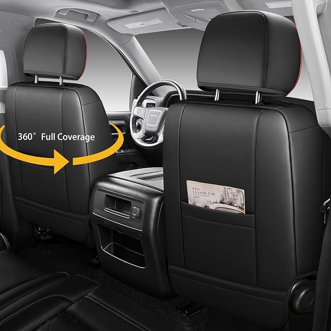 Custom Napa Leather Seat Covers for Chevy Silverado & GMC Sierra Crew Cab, 46-Split Flat Rear Bench Design, Compatible with 2019-2026 1500 and 2020-2026 2500HD 3500HD(Full Set, Black&Red)