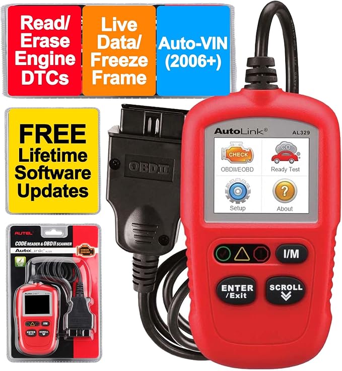 Autel OBD2 Scanner AL329, Upgraded AutoLink AL319, Auto VIN, Check-Engine-Light Code Reader, MIL Reset, One-Click I/M Readiness, CAN Car Diagnostic Scan Tool, for All OBD II Vehicles After 1996
