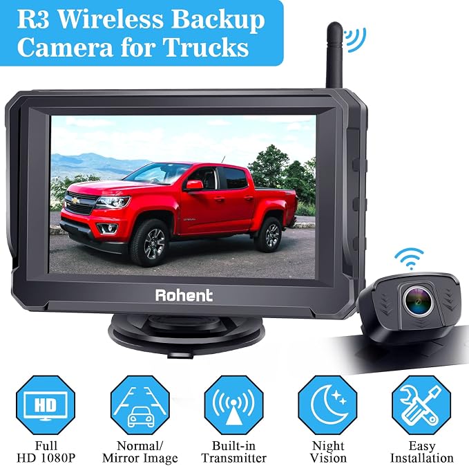Rohent R3 HD 1080P Digital Wireless Backup Camera with 5'' Monitor License Plate Hitch Rear View Camera System for Cars,Trucks,Campers IP69 Waterproof Front/Rear View Switchable 8 IR Night Vision