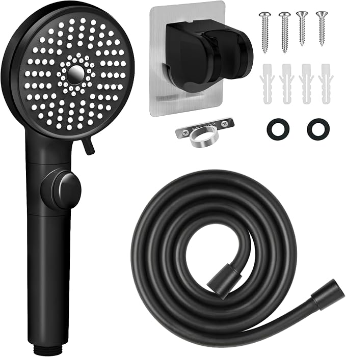 RV Shower Head with Hose, High Pressure 5 Mode Shower head Replacement, Handheld Showerhead for RV/Campers, Travel Trailer for Water Saving, Showerheads Holder and Hose, On Off Switch, Black
