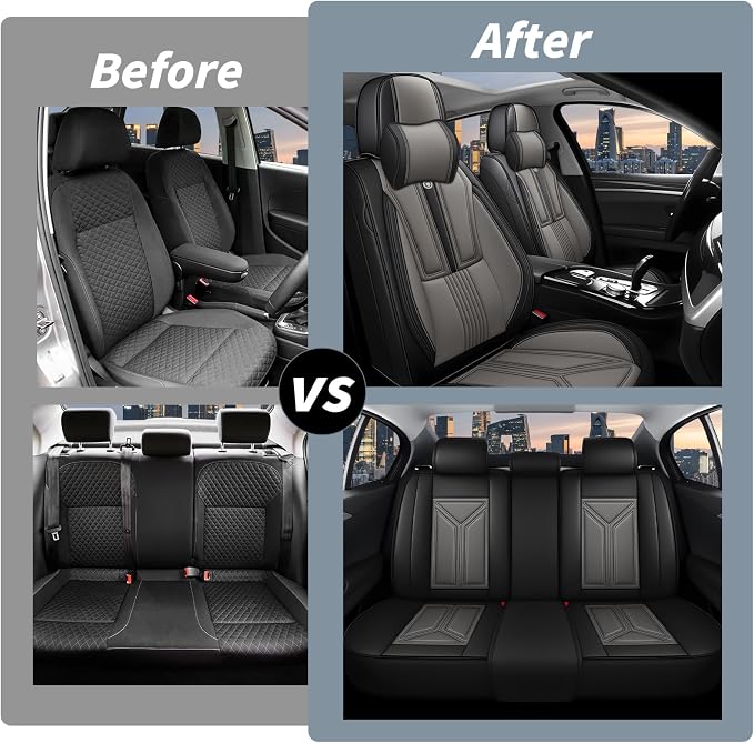 Arazi Fit for 98% of Mazda Seat Covers, 360° Full Wrap Original Seat Cover, Waterproof Nappa Leather Seat Covers with Big Space Storage Pocket Seat Protector（5 Seats Luxury, Black&Gray）