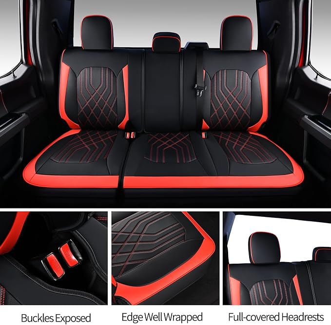 Ranger Seat Covers, for 2019-2023 Ford Ranger XLT XL Lariat Crew Cab, Napa Leather Seat Protector (Full Set, Black&Red)