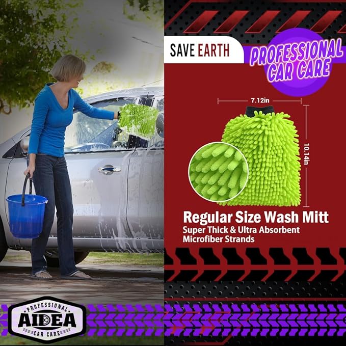 AIDEA Car Wash Mitt Microfiber, 2PK-Scratch & Lint-Free, 12PK, Premium Car Microfiber Towels